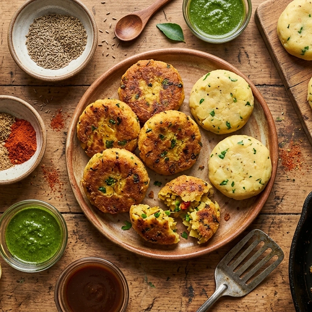 Top view close-up of freshly prepared aloo wali tikiyan with spices and herbs arranged on a rustic kitchen surface