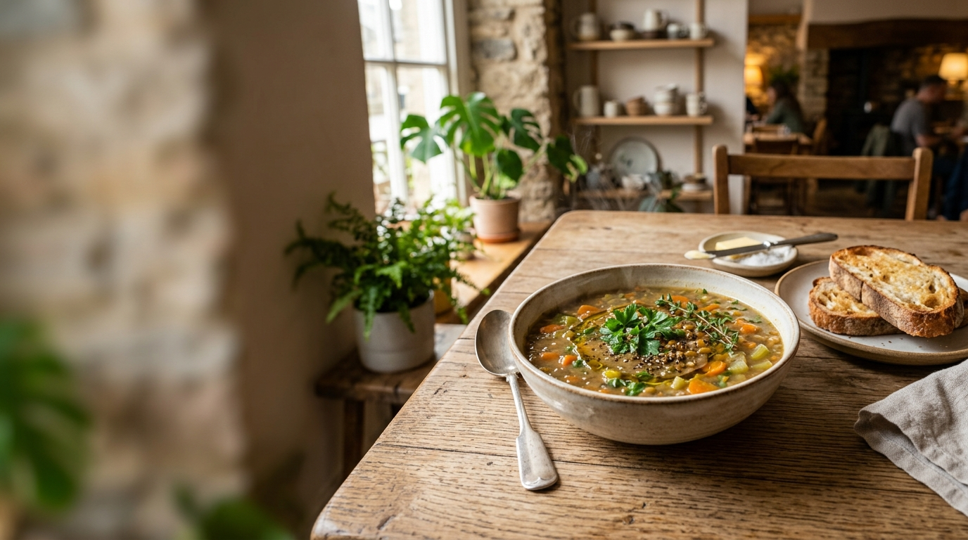 A beautifully presented bowl of hot soup placed on a rustic wooden table with elegant decor and warm lighting in a cozy kitchen environment