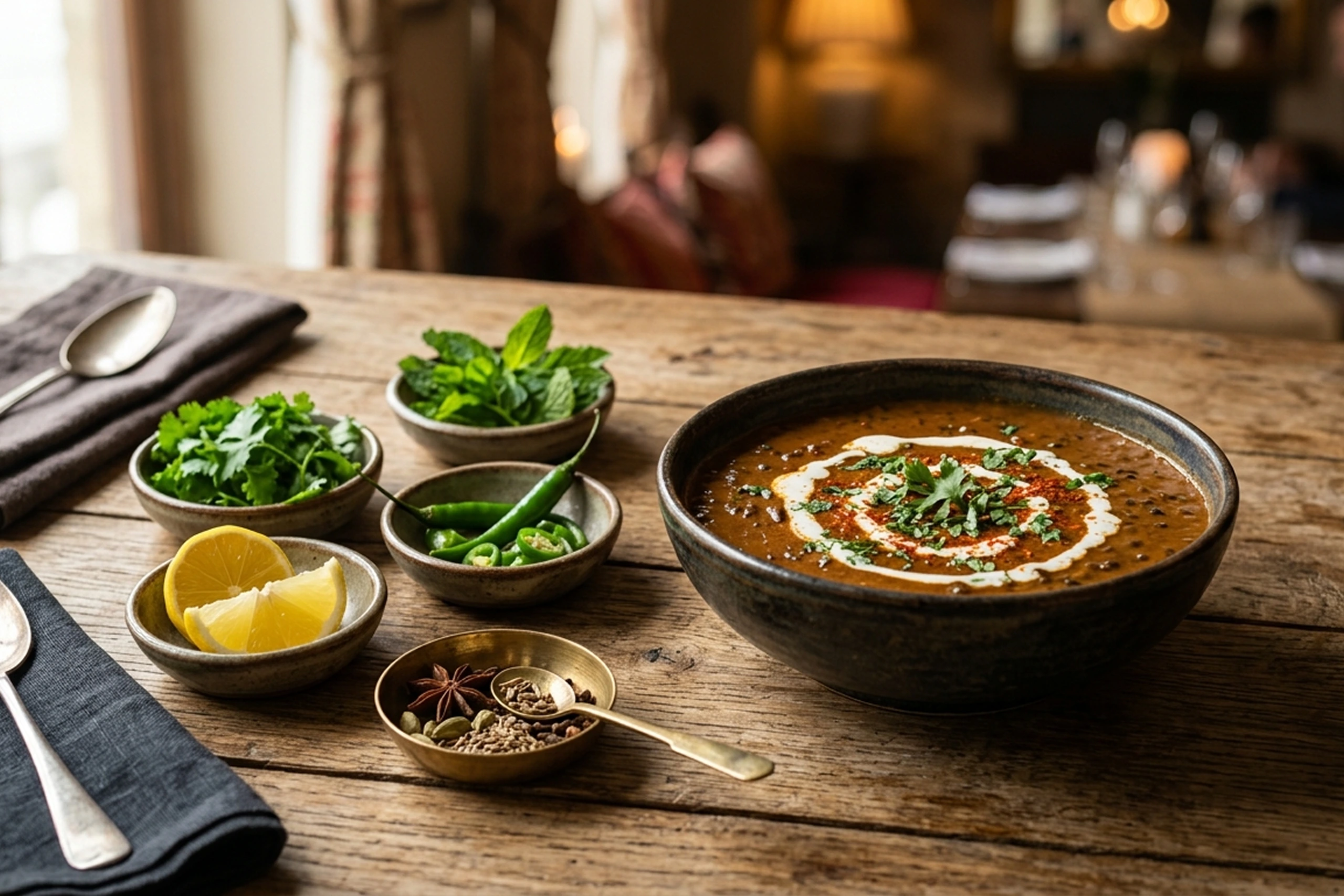 A bowl of rich sauce placed on a wooden table with fresh coriander, mint, chilies, lemon, and spices arranged beside it in a side view