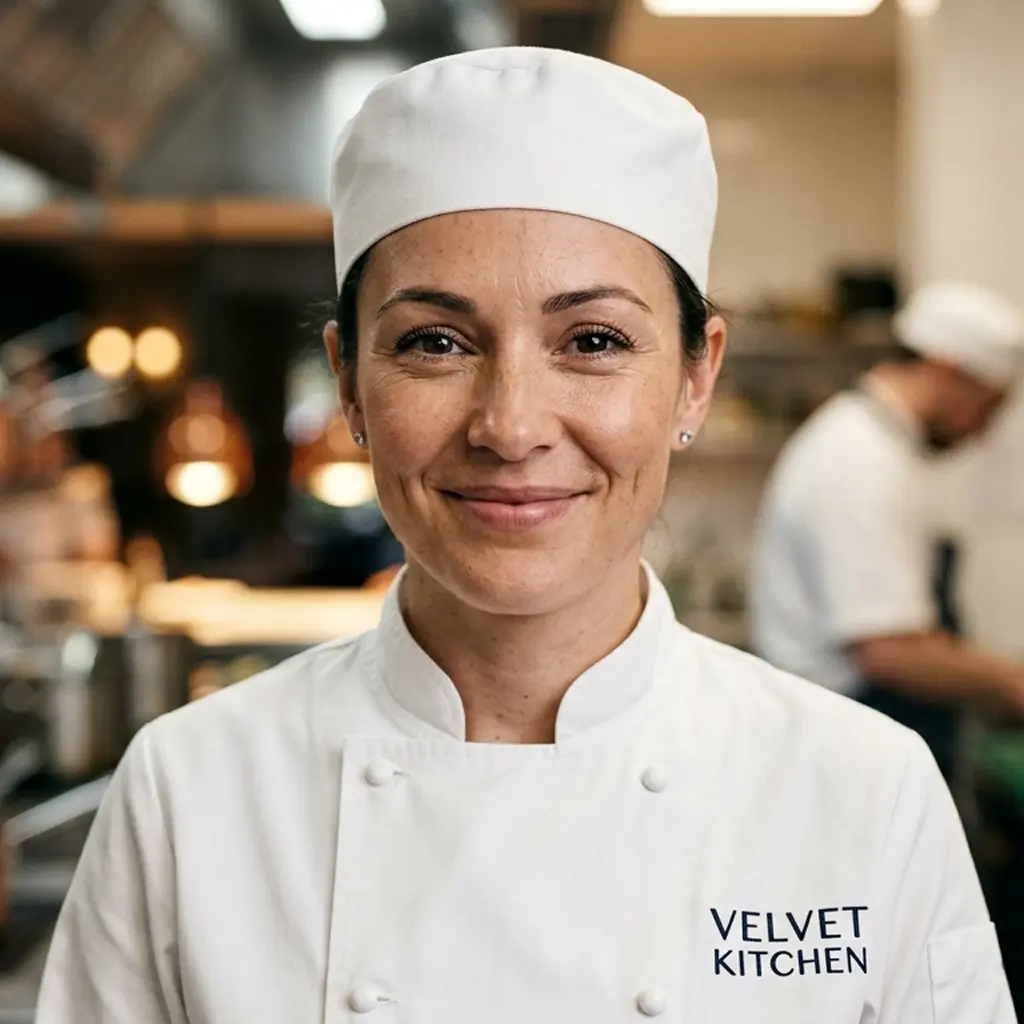 Close-up portrait of a smiling professional female chef wearing uniform with Velvet Kitchen branding in a modern kitchen