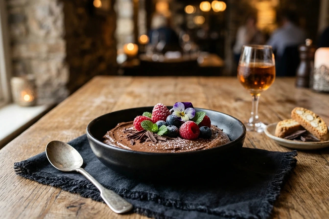 A beautifully plated gourmet dessert topped with berries, mint leaves, and sugar dust on a rustic wooden table in side view