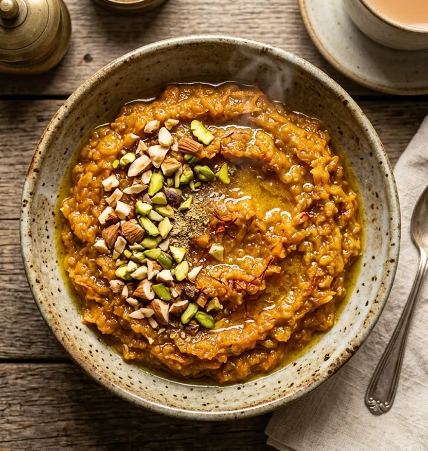 Golden traditional halwa served in a bowl with nuts garnish on rustic wooden table top view