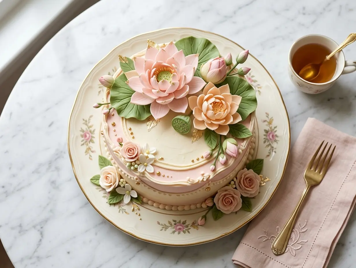 Beautiful lotus-inspired cake with creamy frosting and floral decoration on a marble surface in top view