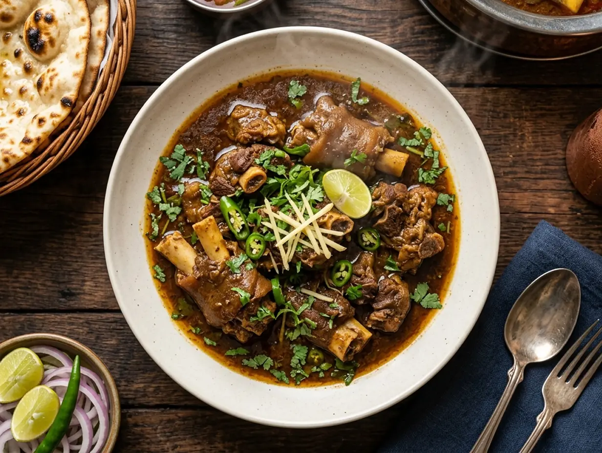 Top view of mutton curry served on a plate with rich gravy and garnish of coriander and ginger